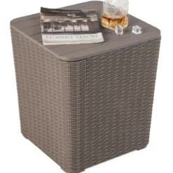 Beistelltisch wetterfest Sitzhocker mit abnehmbarem Deckel und Stauraum 38,5 x 38,5 x 42,5 cm Braun