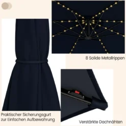 Beleuchteter Sonnenschirm mit 112 LED-Leuchten Solarbetriebener Terrassenschirm Marine