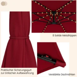 Beleuchteter Sonnenschirm mit 112 LED-Leuchten Solarbetriebener Terrassenschirm Rot