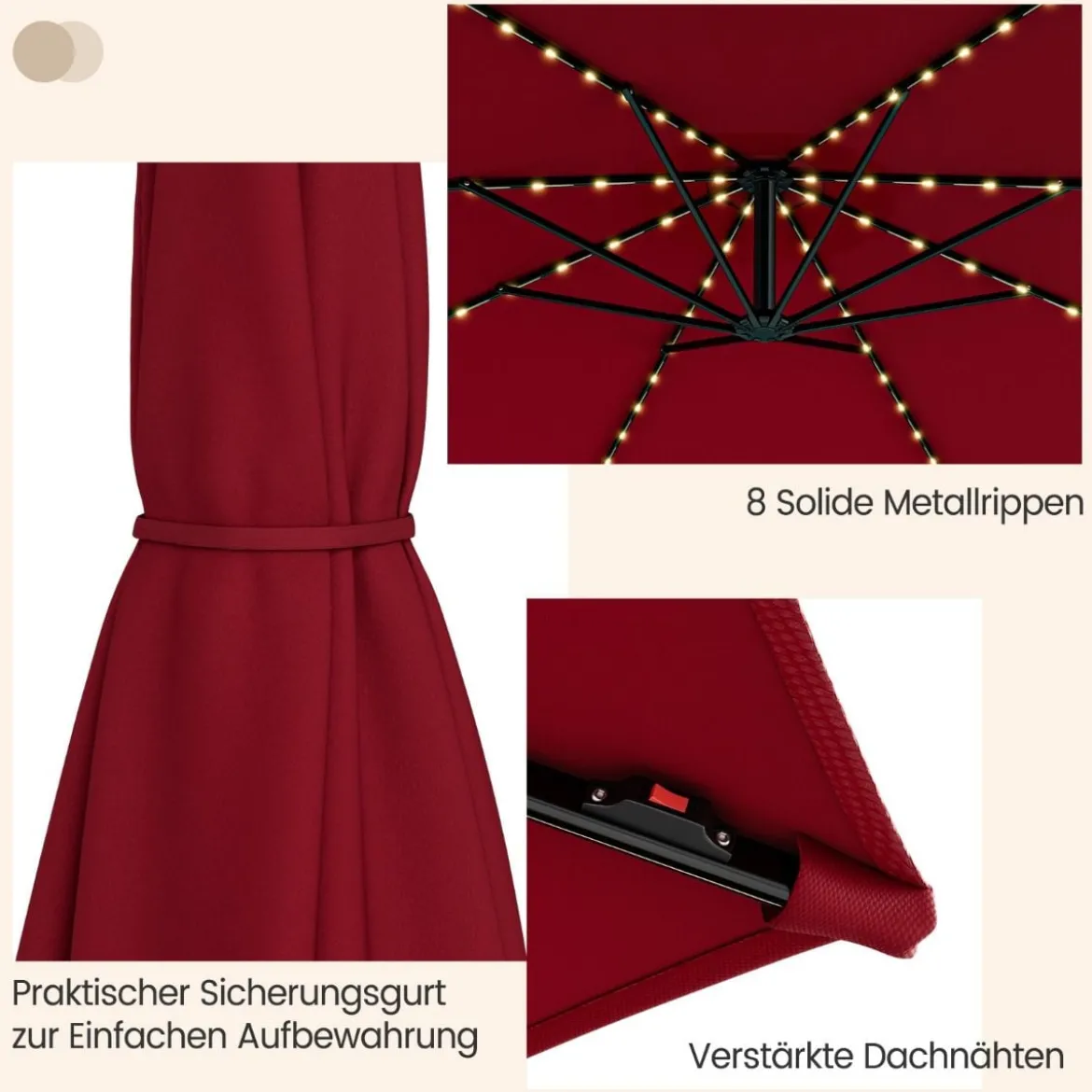 Beleuchteter Sonnenschirm mit 112 LED-Leuchten Solarbetriebener Terrassenschirm Rot