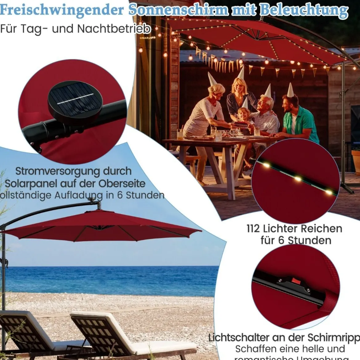 Beleuchteter Sonnenschirm mit 112 LED-Leuchten Solarbetriebener Terrassenschirm Rot