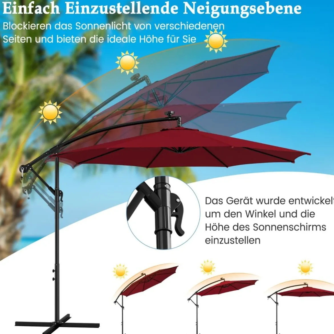 Beleuchteter Sonnenschirm mit 112 LED-Leuchten Solarbetriebener Terrassenschirm Rot