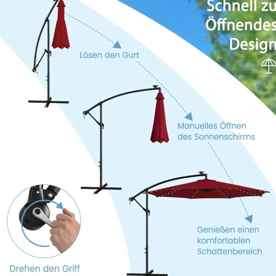 Beleuchteter Sonnenschirm mit 112 LED-Leuchten Solarbetriebener Terrassenschirm Rot