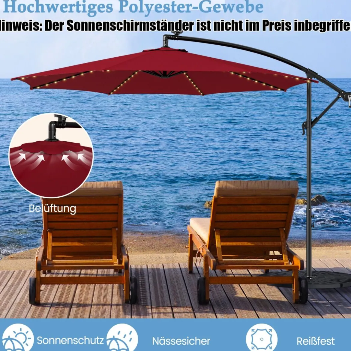 Beleuchteter Sonnenschirm mit 112 LED-Leuchten Solarbetriebener Terrassenschirm Rot