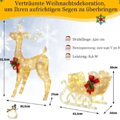 Beleuchtetes Weihnachts-Rentier mit Schlitten Vorbeleuchtete Weihnachtsdekoration 81,5 x 37 x 121,5 cm Golden