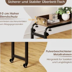Überbetttisch mit Rollen & Verstellbarer Höhe & Länge Betttisch Pflegetisch Schreibtisch Rustikal Braun