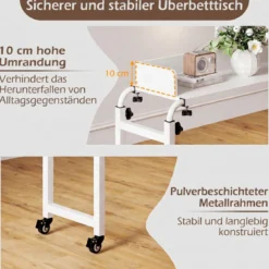 Überbetttisch mit Rollen & Verstellbarer Höhe & Länge Betttisch Pflegetisch Schreibtisch Weiß