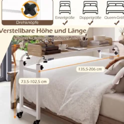 Überbetttisch mit Rollen & Verstellbarer Höhe & Länge Betttisch Pflegetisch Schreibtisch Natur