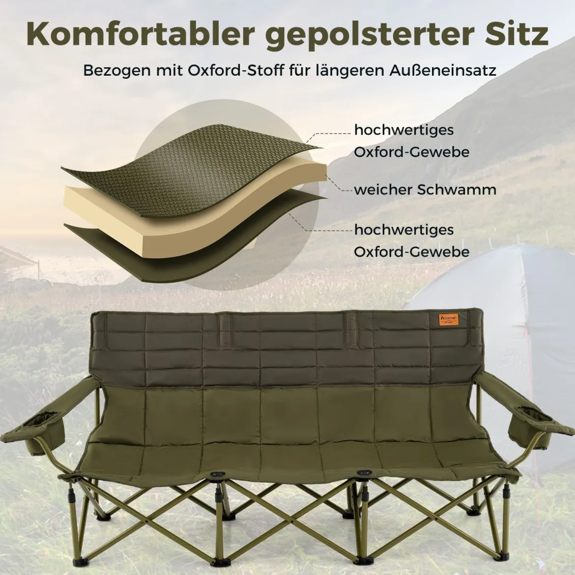 Übergroßer Campingstuhl für 3 Personen zusammenklappbare Stoffcouch mit verstellbaren Armlehnen Grün