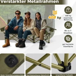 Übergroßer Campingstuhl für 3 Personen zusammenklappbare Stoffcouch mit verstellbaren Armlehnen Grün