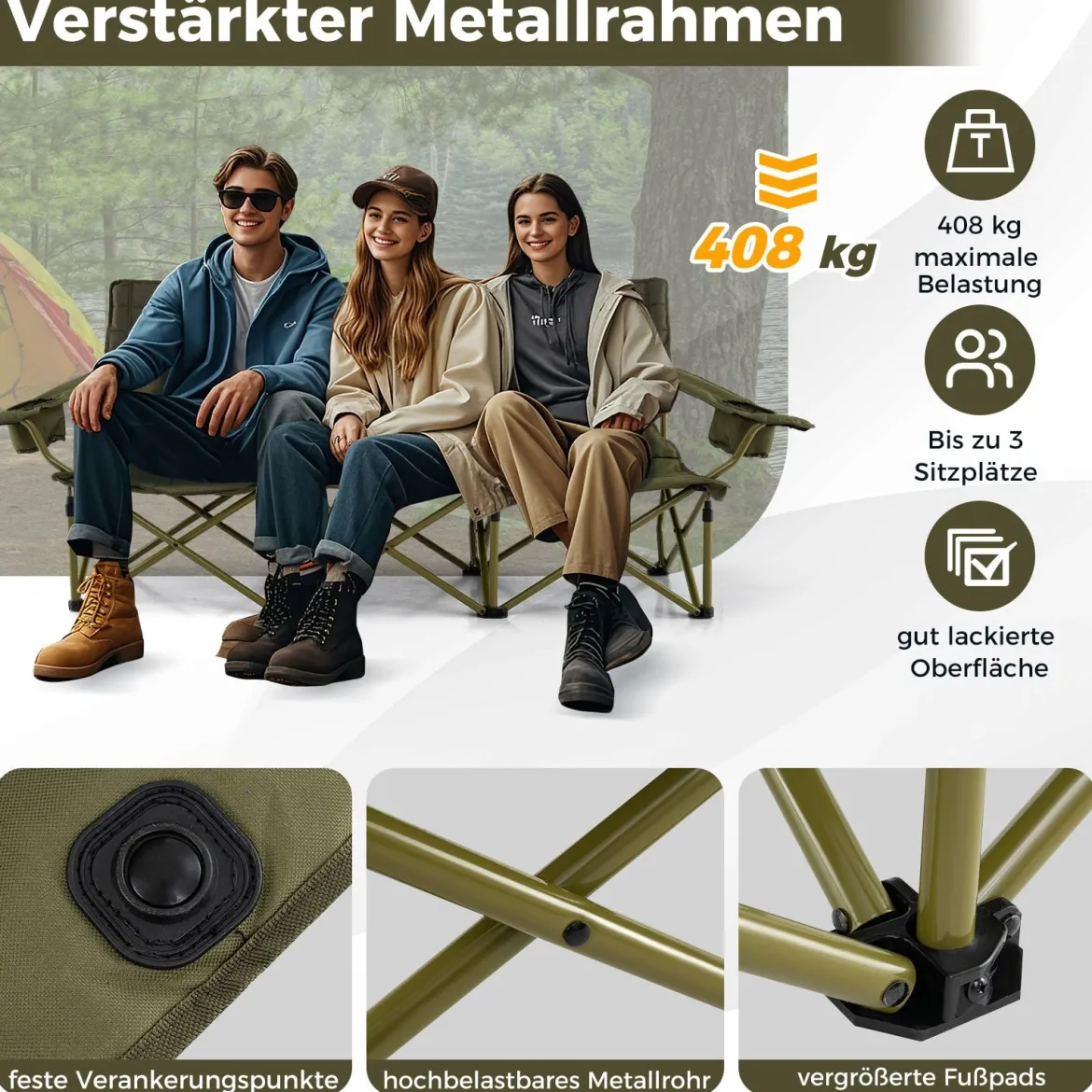 Übergroßer Campingstuhl für 3 Personen zusammenklappbare Stoffcouch mit verstellbaren Armlehnen Grün
