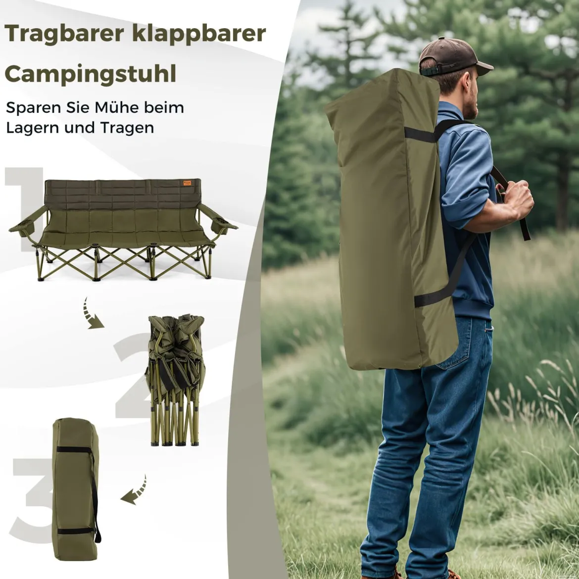 Übergroßer Campingstuhl für 3 Personen zusammenklappbare Stoffcouch mit verstellbaren Armlehnen Grün