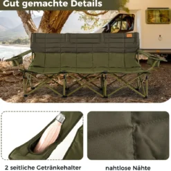 Übergroßer Campingstuhl für 3 Personen zusammenklappbare Stoffcouch mit verstellbaren Armlehnen Grün