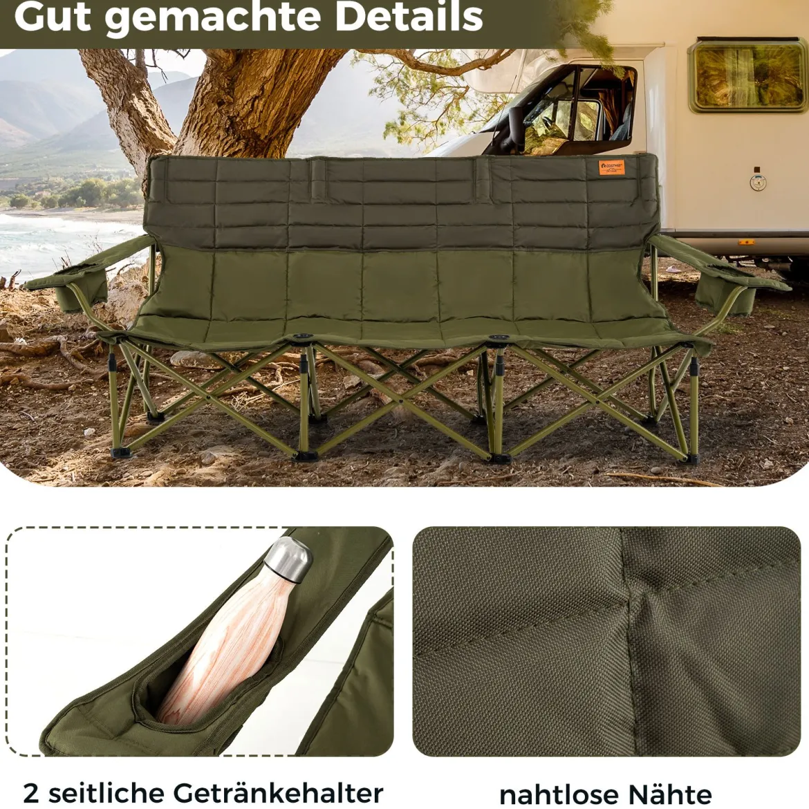 Übergroßer Campingstuhl für 3 Personen zusammenklappbare Stoffcouch mit verstellbaren Armlehnen Grün
