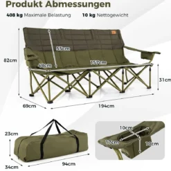 Übergroßer Campingstuhl für 3 Personen zusammenklappbare Stoffcouch mit verstellbaren Armlehnen Grün