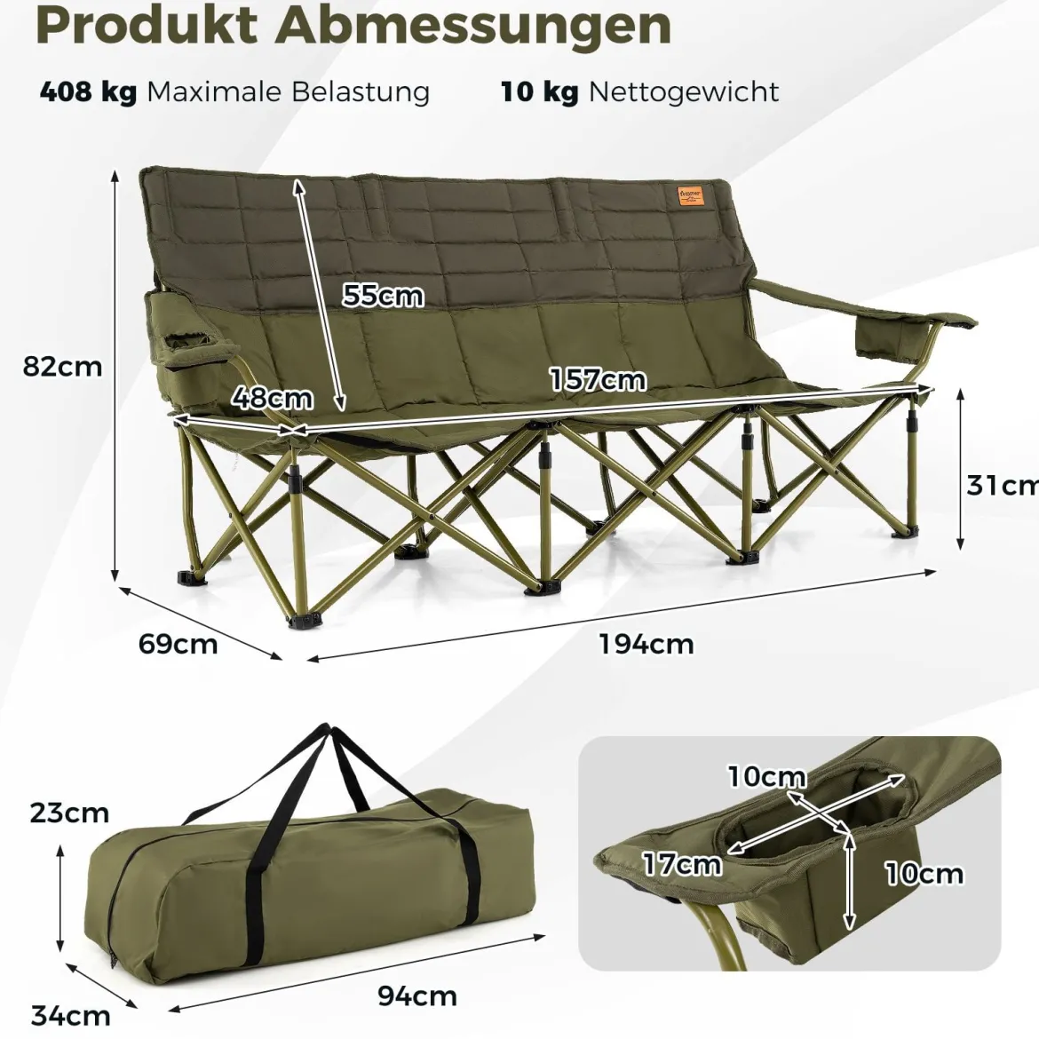 Übergroßer Campingstuhl für 3 Personen zusammenklappbare Stoffcouch mit verstellbaren Armlehnen Grün