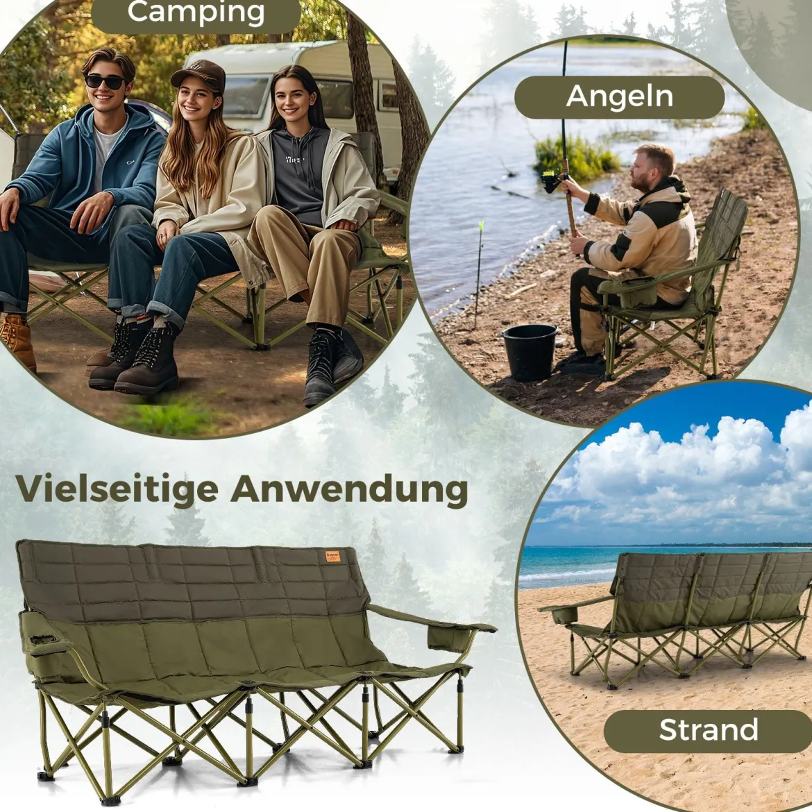 Übergroßer Campingstuhl für 3 Personen zusammenklappbare Stoffcouch mit verstellbaren Armlehnen Grün