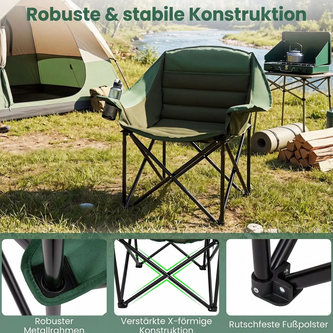 Übergroßer Campingstuhl Klappbarer Campingsessel mit Sitzpolster Getränkehalter bis 230 kg Belastbar