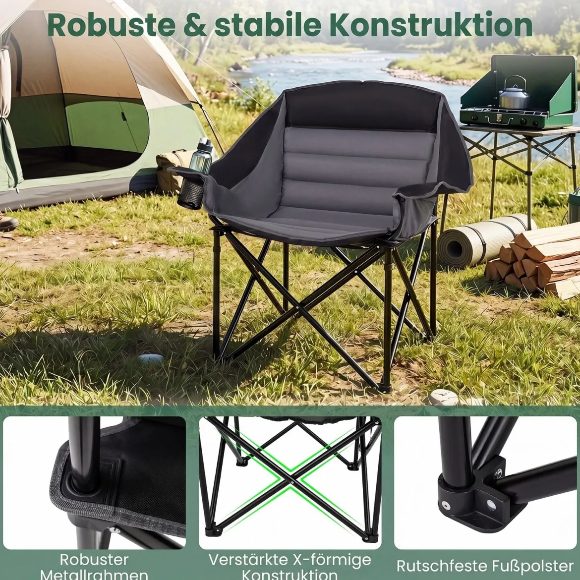 Übergroßer Campingstuhl Klappbarer Campingsessel mit Sitzpolster Getränkehalter bis 230 kg Belastbar