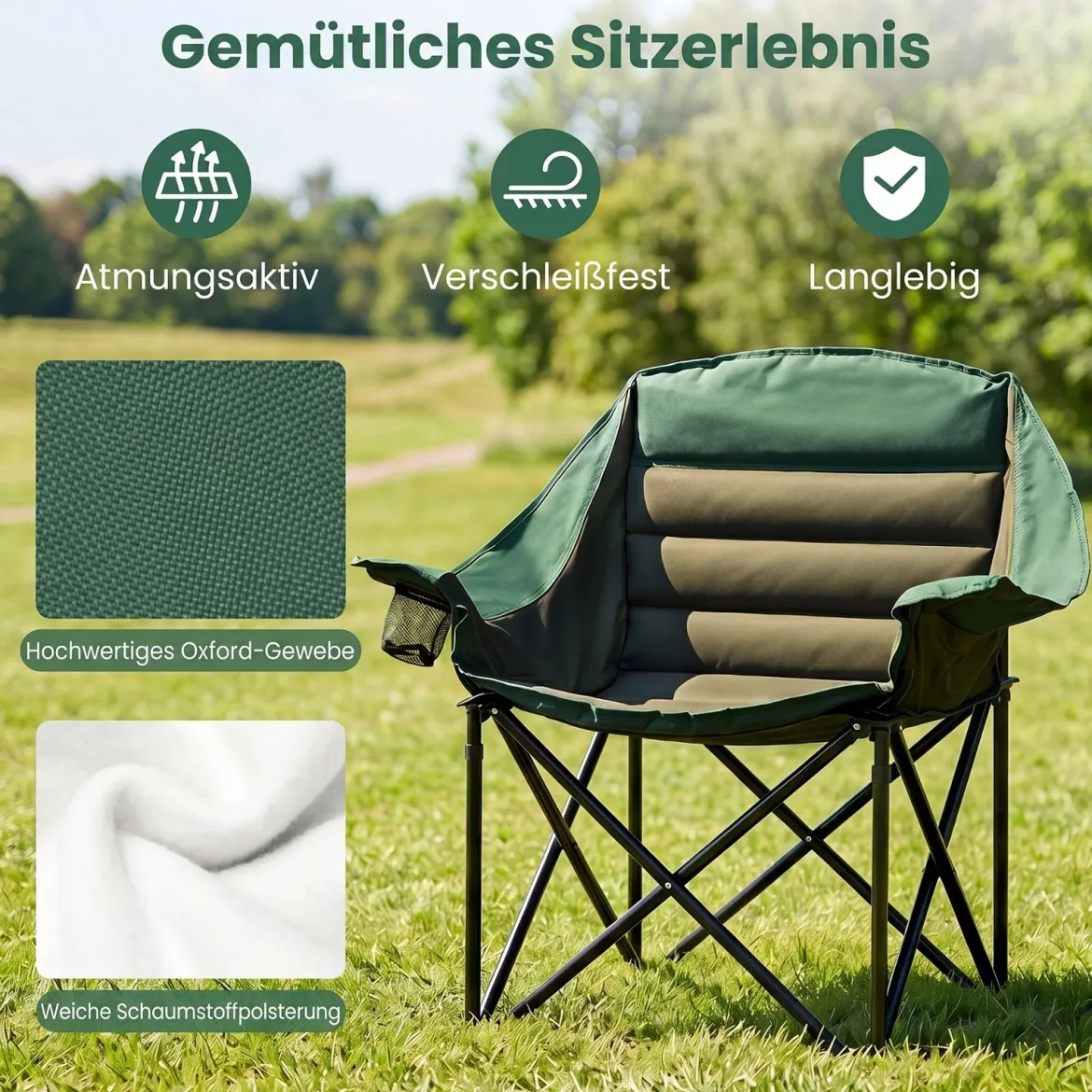 Übergroßer Campingstuhl Klappbarer Campingsessel mit Sitzpolster Getränkehalter bis 230 kg Belastbar