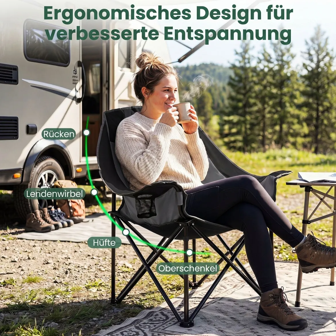 Übergroßer Campingstuhl Klappbarer Campingsessel mit Sitzpolster Getränkehalter bis 230 kg Belastbar