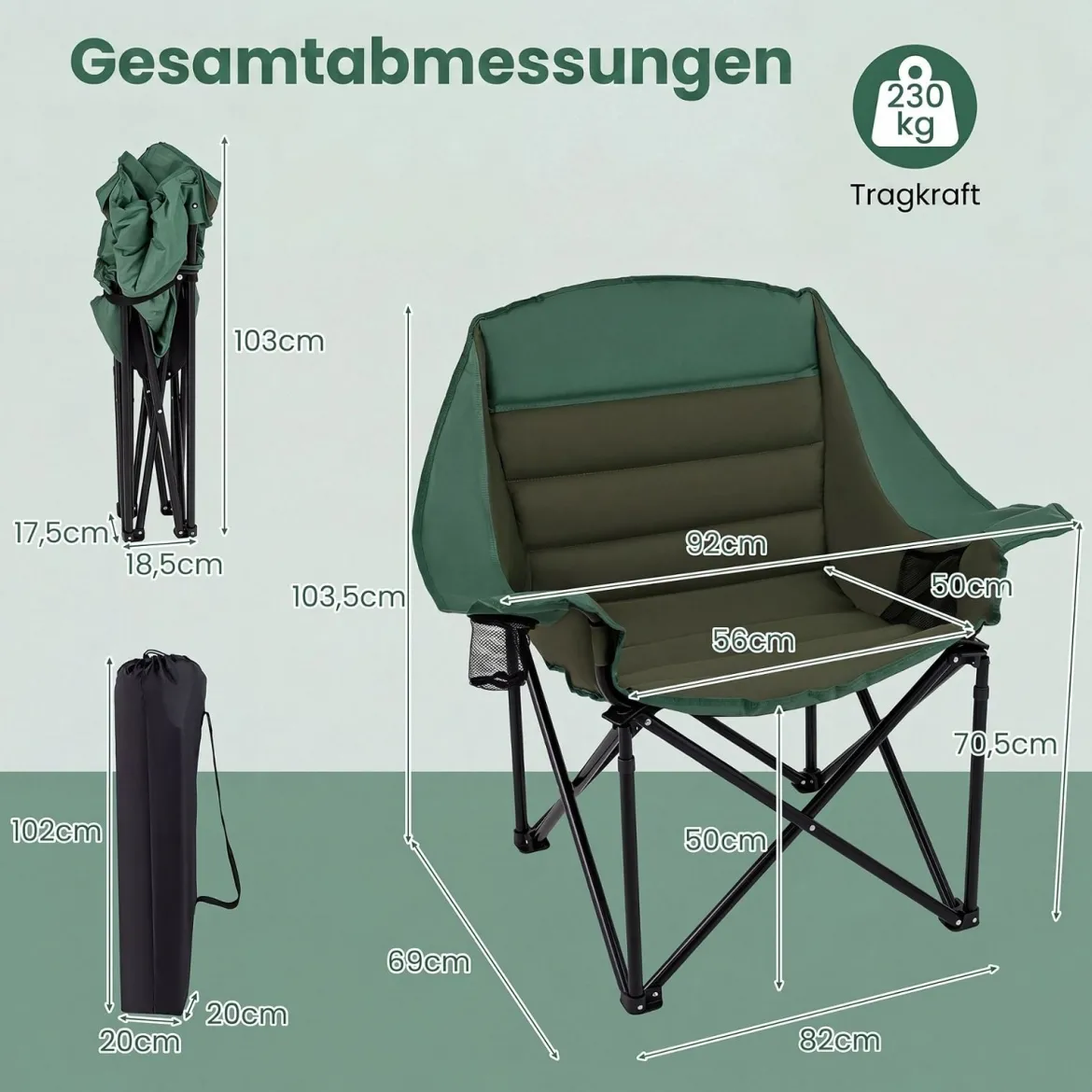 Übergroßer Campingstuhl Klappbarer Campingsessel mit Sitzpolster Getränkehalter bis 230 kg Belastbar