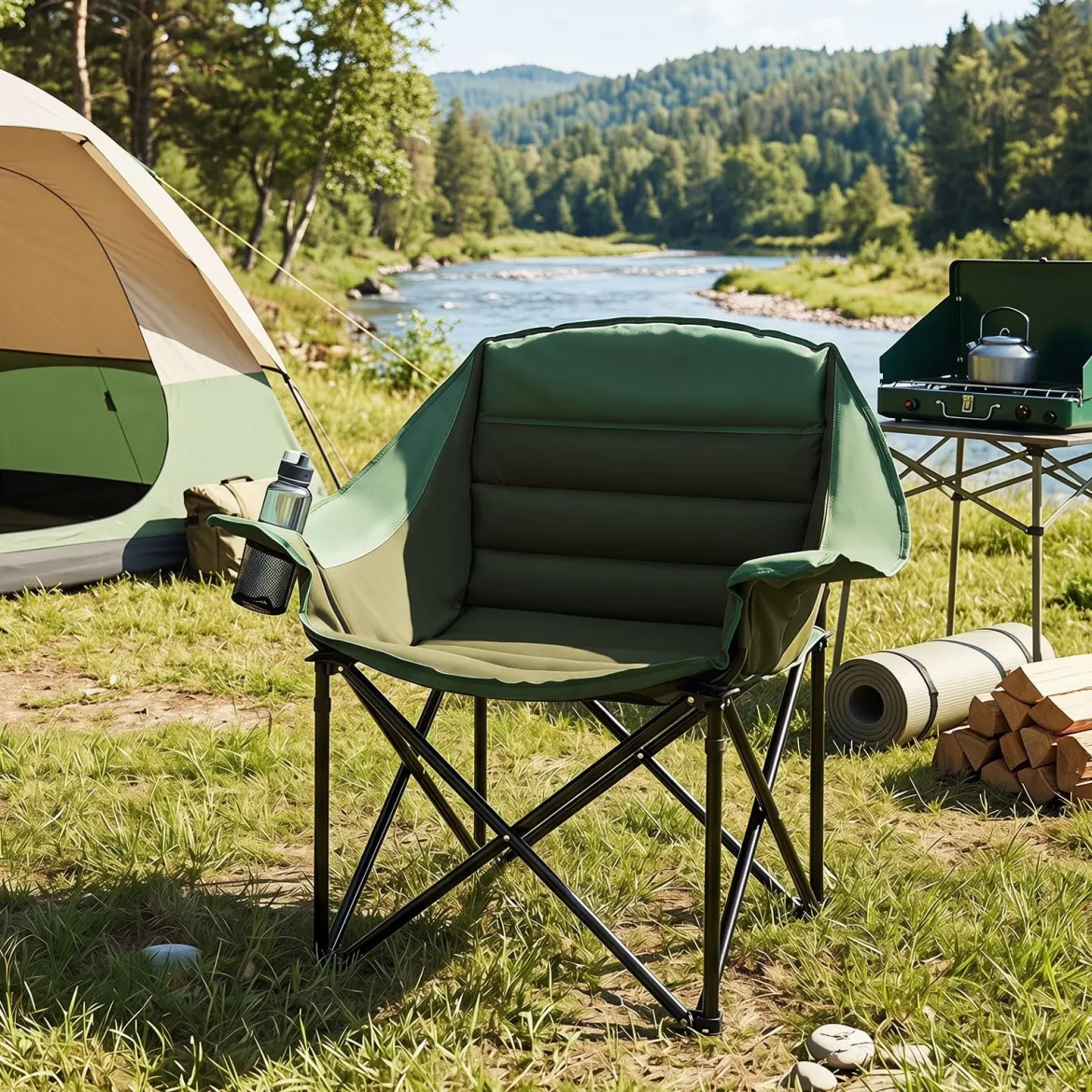 Übergroßer Campingstuhl Klappbarer Campingsessel mit Sitzpolster Getränkehalter bis 230 kg Belastbar