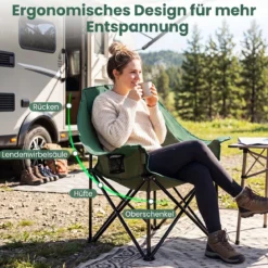 Übergroßer Campingstuhl Klappbarer Campingsessel mit Sitzpolster Getränkehalter bis 230 kg Belastbar