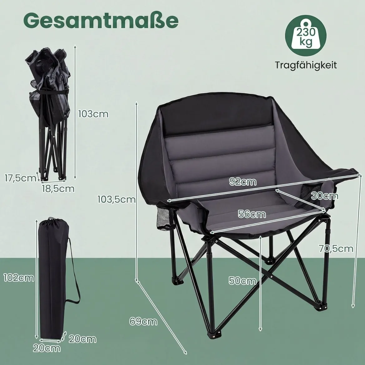 Übergroßer Campingstuhl Klappbarer Campingsessel mit Sitzpolster Getränkehalter bis 230 kg Belastbar