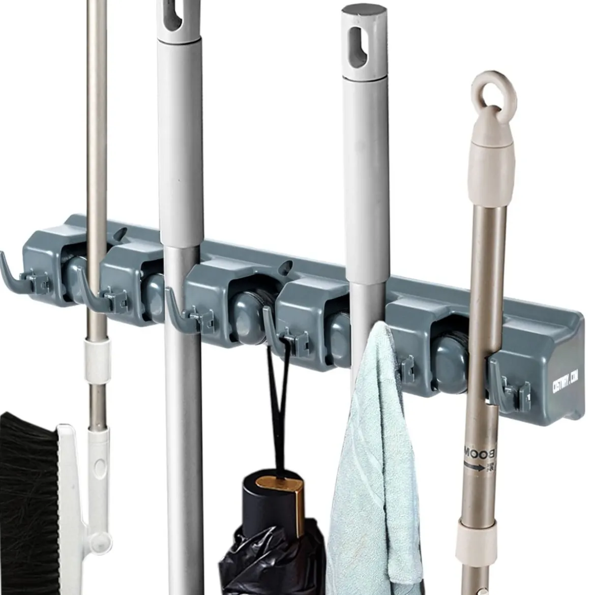 Besenhalterung mit 6 faltbaren Haken und 5 Schnellspannern Mop Ordnungsleiste Geräteleiste Dunkelgrau