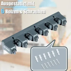 Besenhalterung mit 6 faltbaren Haken und 5 Schnellspannern Mop Ordnungsleiste Geräteleiste Dunkelgrau