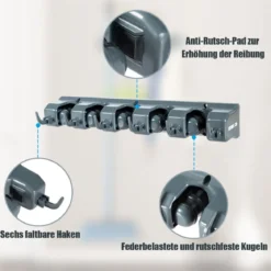 Besenhalterung mit 6 faltbaren Haken und 5 Schnellspannern Mop Ordnungsleiste Geräteleiste Dunkelgrau