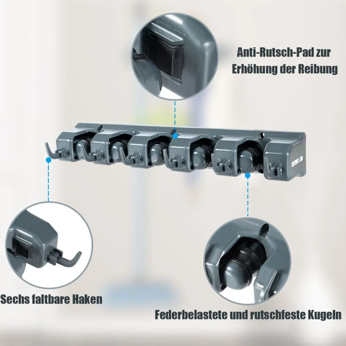 Besenhalterung mit 6 faltbaren Haken und 5 Schnellspannern Mop Ordnungsleiste Geräteleiste Dunkelgrau