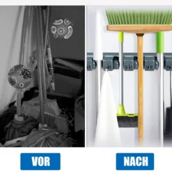 Besenhalterung mit 6 faltbaren Haken und 5 Schnellspannern Mop Ordnungsleiste Geräteleiste Dunkelgrau