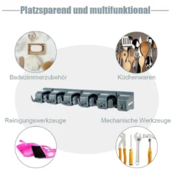 Besenhalterung mit 6 faltbaren Haken und 5 Schnellspannern Mop Ordnungsleiste Geräteleiste Dunkelgrau