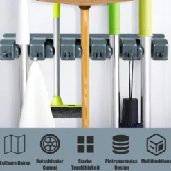 Besenhalterung mit 6 faltbaren Haken und 5 Schnellspannern Mop Ordnungsleiste Geräteleiste Dunkelgrau