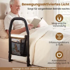 Bett Aufstehhilfe mit LED-Sensorlicht & Tasche & Rutschfestem Handgriff Bettgitter Schutzgeländer
