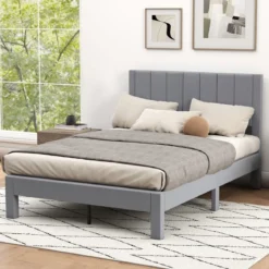 Bettgestell für 200 x 140 cm Matratze Samtstoff gepolstertes Plattformbett Doppelbettgestell Grau