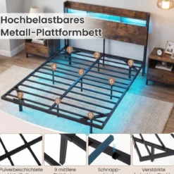 Bett mit Ladestation & LED-Beleuchtung Kopfteil mit Stauraum Bettgestell mit Lattenrost Doppelbett