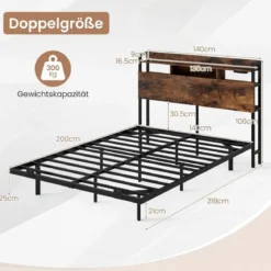 Bett mit Ladestation & LED-Beleuchtung Kopfteil mit Stauraum Bettgestell mit Lattenrost Doppelbett