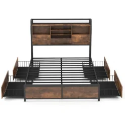 Bett mit Ladestation und 4 Schubladen Kopfteil mit Stauraum Vintage Braun 223 x 143 x 112 cm