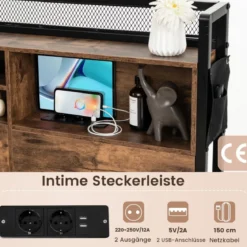 Bett mit Ladestation und 4 Schubladen Kopfteil mit Stauraum Vintage Braun 223,5 x 163 x 112 cm