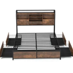 Bett mit Ladestation und 4 Schubladen Kopfteil mit Stauraum Vintage Braun 223,5 x 163 x 112 cm