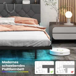 Bett mit LED Beleuchtung & Ladestation 160 x 200 cm Polsterbett mit verstellbarem gepolstertem Kopfteil Grau