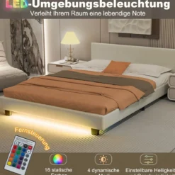 Bett mit LED Beleuchtung 140 x 200 cm Polsterbett mit Lattenrost Bettgestell Bettrahmen Weiß
