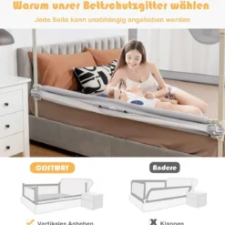 Bettschutzgitter Bettgitter für Kleinkinder Vertikales 180 cm Bettgeländer mit Doppeltem Verschluss Grau