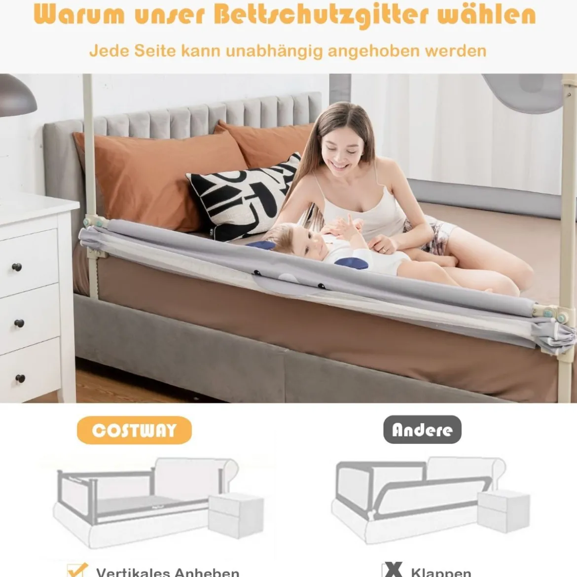 Bettschutzgitter Bettgitter für Kleinkinder Vertikales 180 cm Bettgeländer mit Doppeltem Verschluss Grau