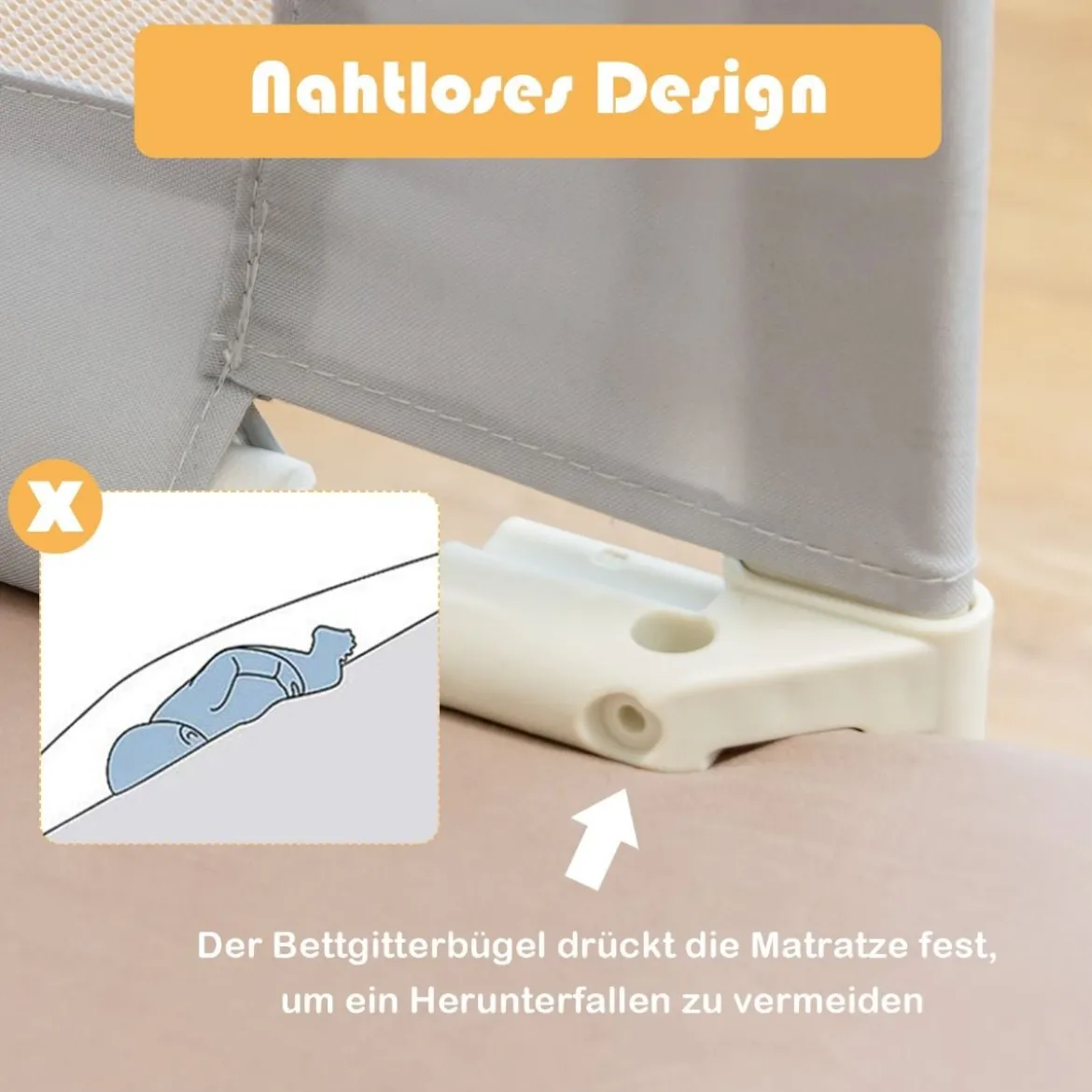 Bettschutzgitter Bettgitter für Kleinkinder Vertikales 180 cm Bettgeländer mit Doppeltem Verschluss Grau