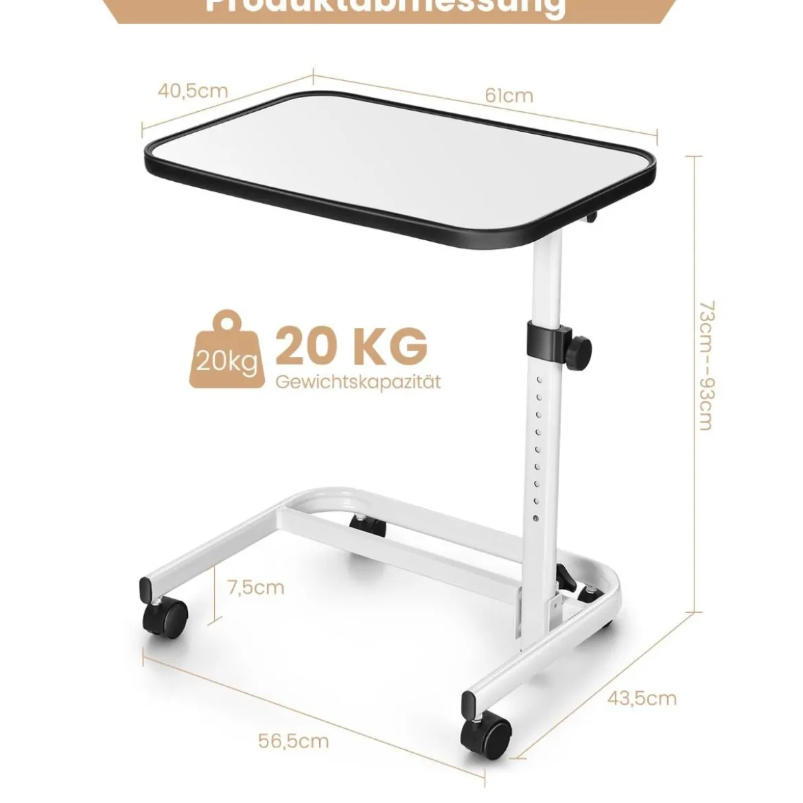 Betttisch auf Rollen mit in Mehreren Winkeln neigbarer Platte Pflegetisch 60,5 x 40 x 73-93 cm