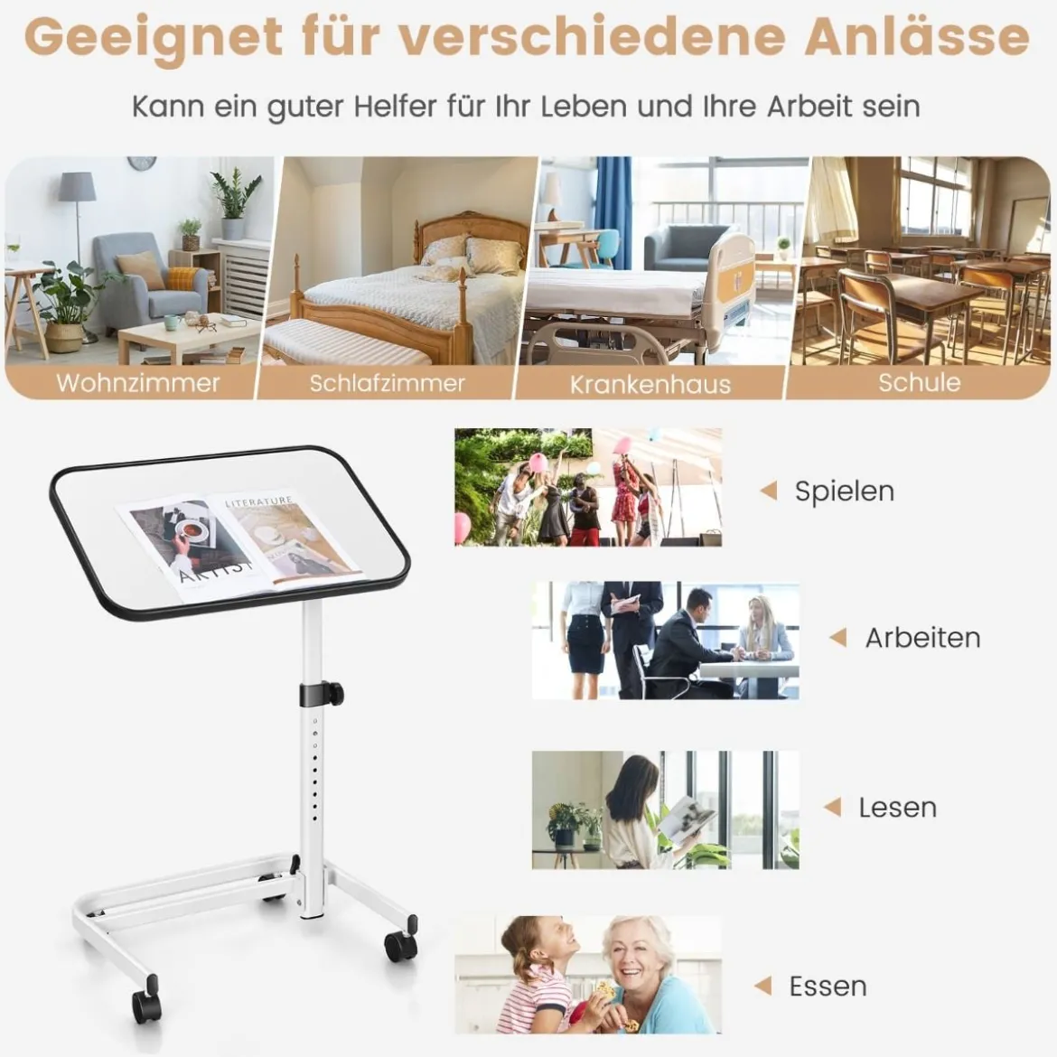 Betttisch auf Rollen mit in Mehreren Winkeln neigbarer Platte Pflegetisch 60,5 x 40 x 73-93 cm
